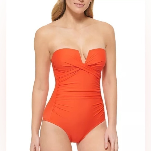 CALVIN KLEIN Women's Split-Neck Bandeau Removable-Strap Tummy-Control Swimsuit - Picture 13 of 13